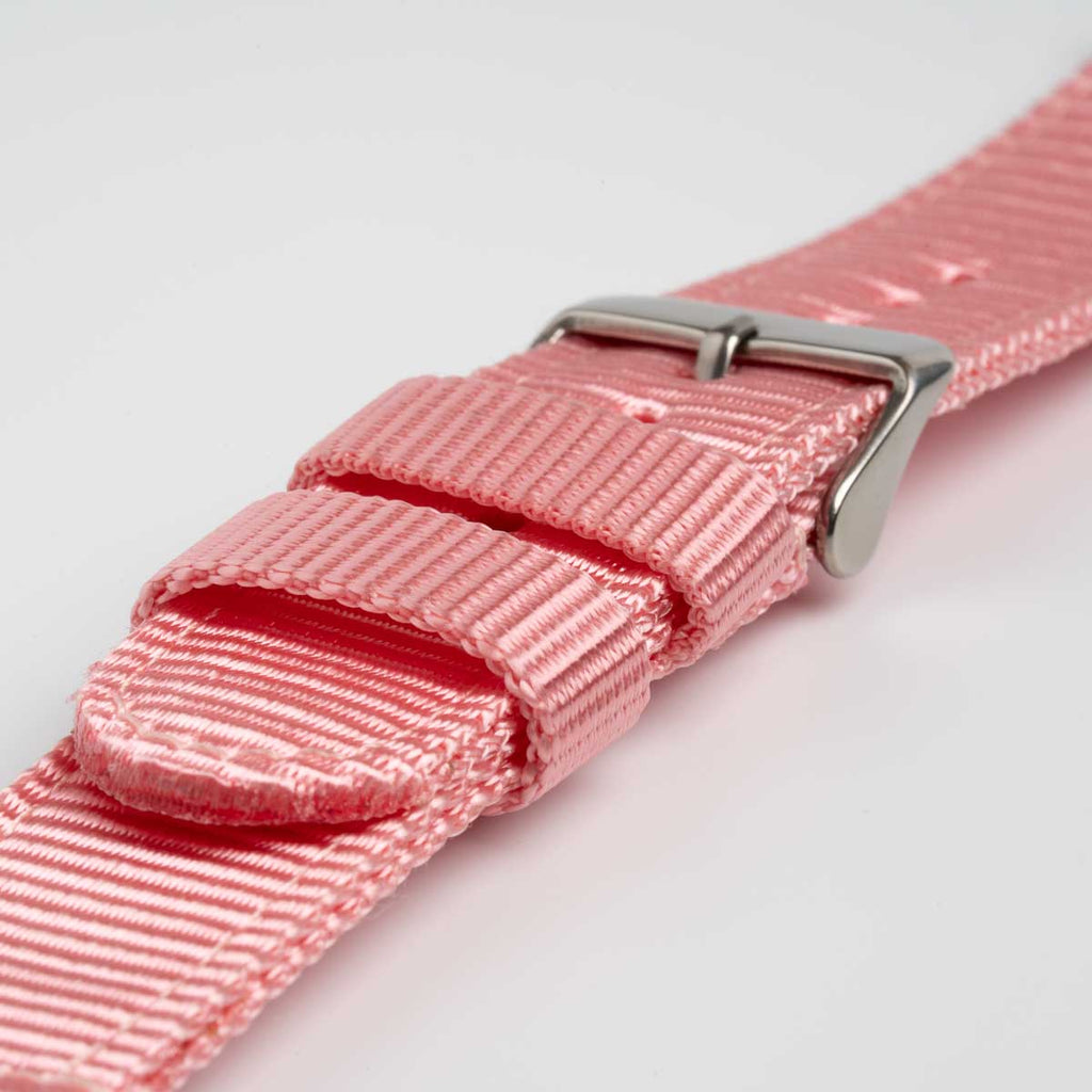 Nylon Quick Release Pink Watch Strap, close-up of the buckle and keepers