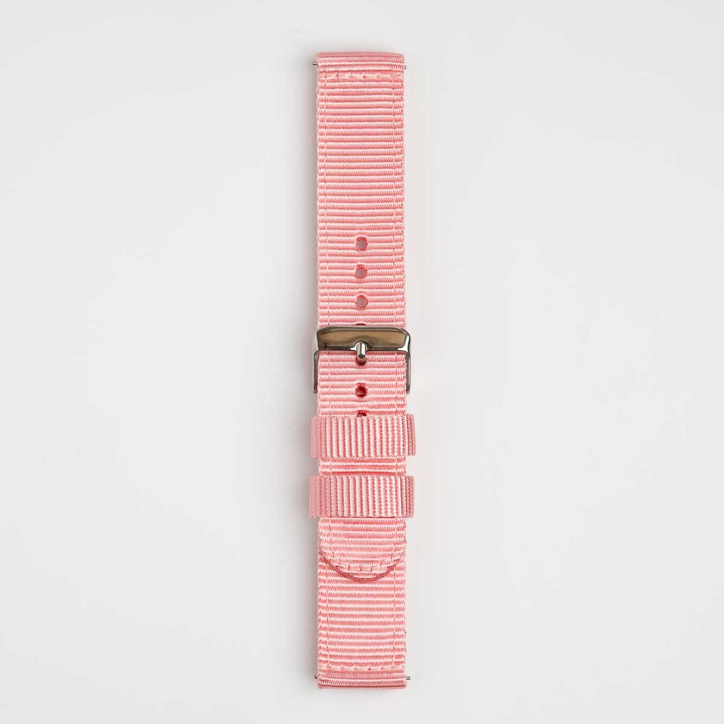 Nylon Quick Release Pink Watch Strap, buckled up, front view