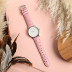 Sandbanks Ostrich Pink Watch Strap, shown on a watch