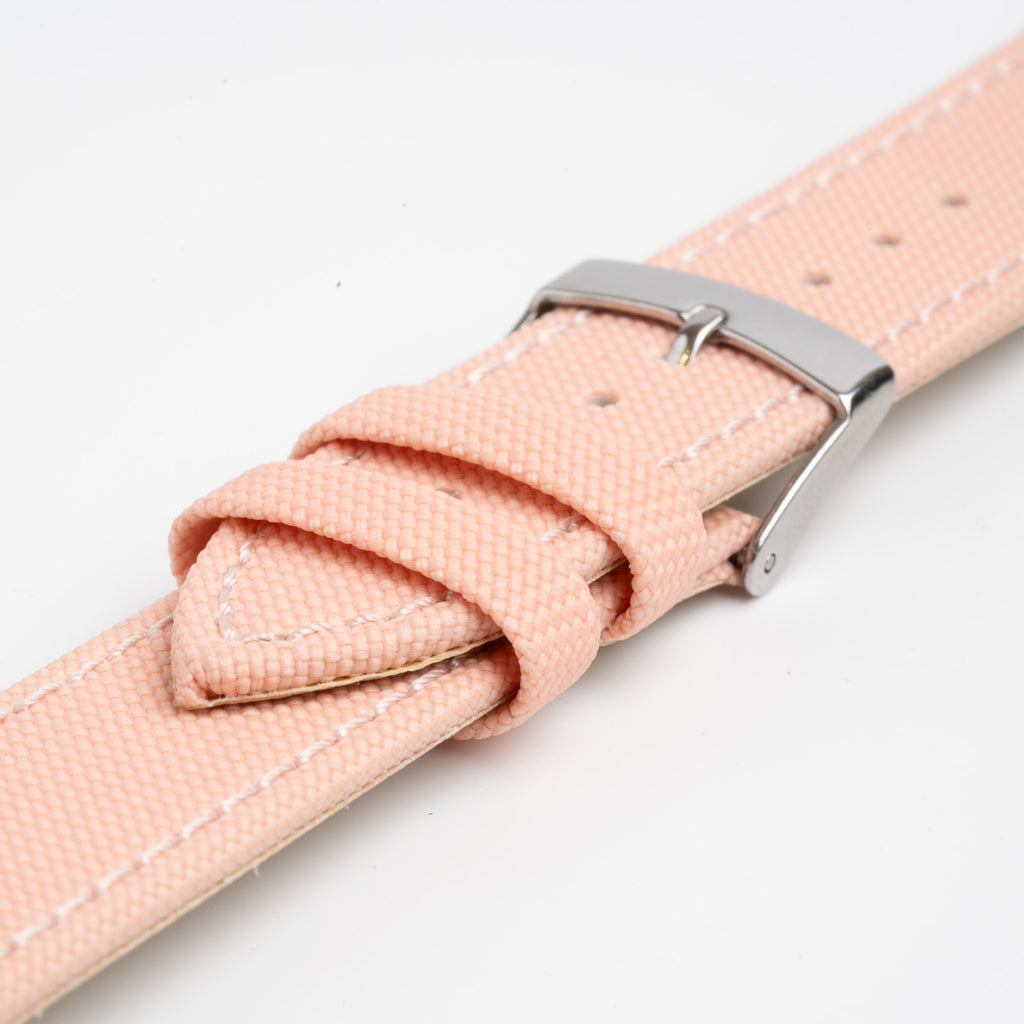Ocean Plastic Pink Watch Strap, close-up of the buckle and keepers