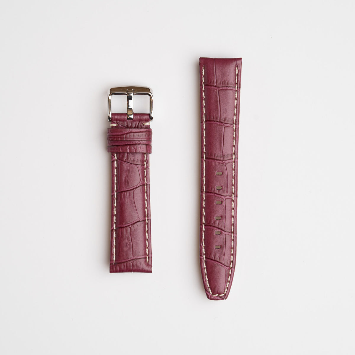 Purple Mayfair Alligator watch strap, laid flat with its buckle