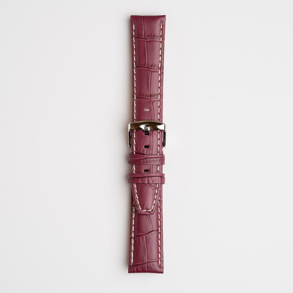 Purple Mayfair Alligator watch strap, buckled, front view