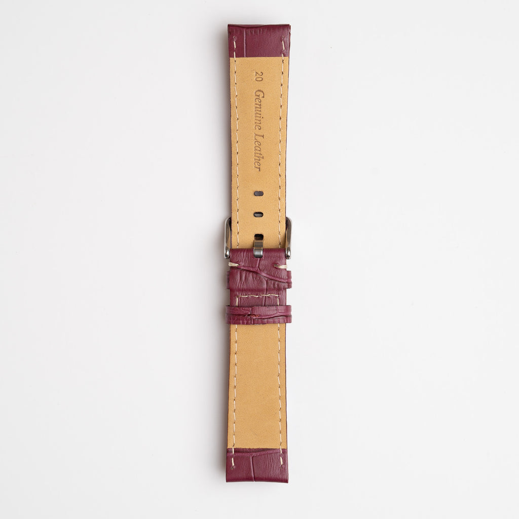 Purple Mayfair Alligator watch strap, buckled, back view