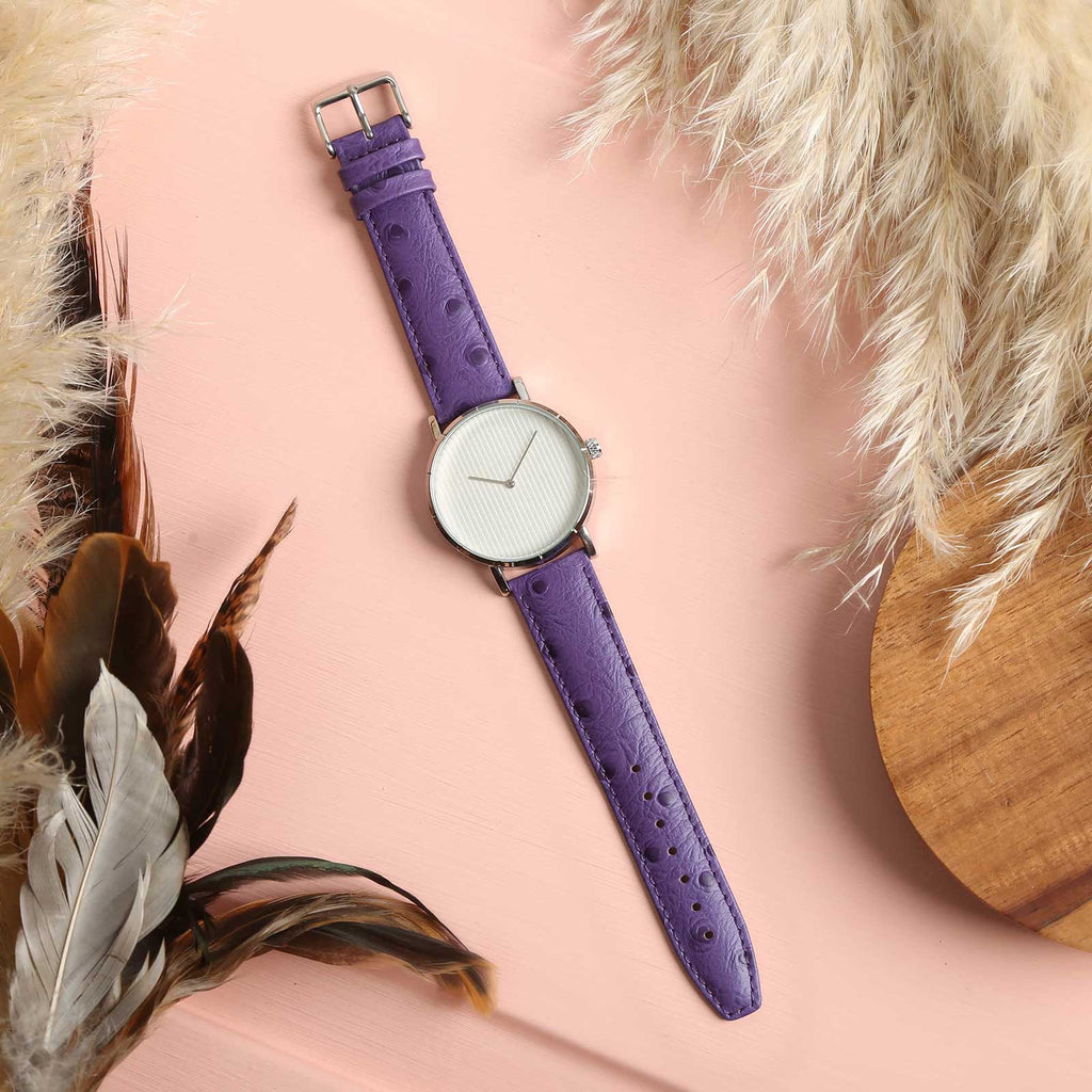 Sandbanks Ostrich Purple Watch Strap, shown on a watch