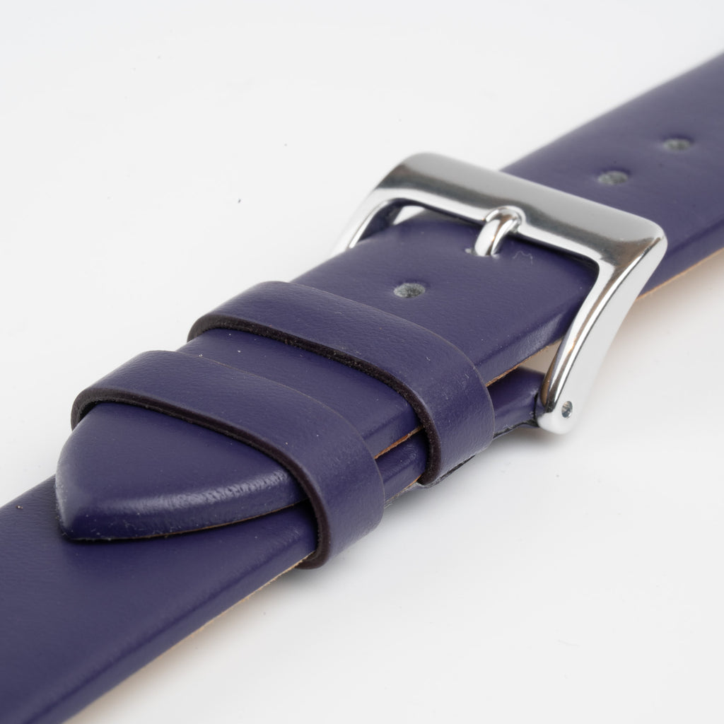 Windsor Smooth Purple Watch Strap, close-up of the buckle and keepers