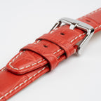Red Mayfair Alligator watch strap, close-up of the buckle and keepers