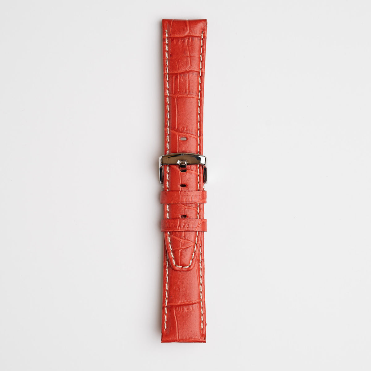 Red Mayfair Alligator watch strap, buckled, front view