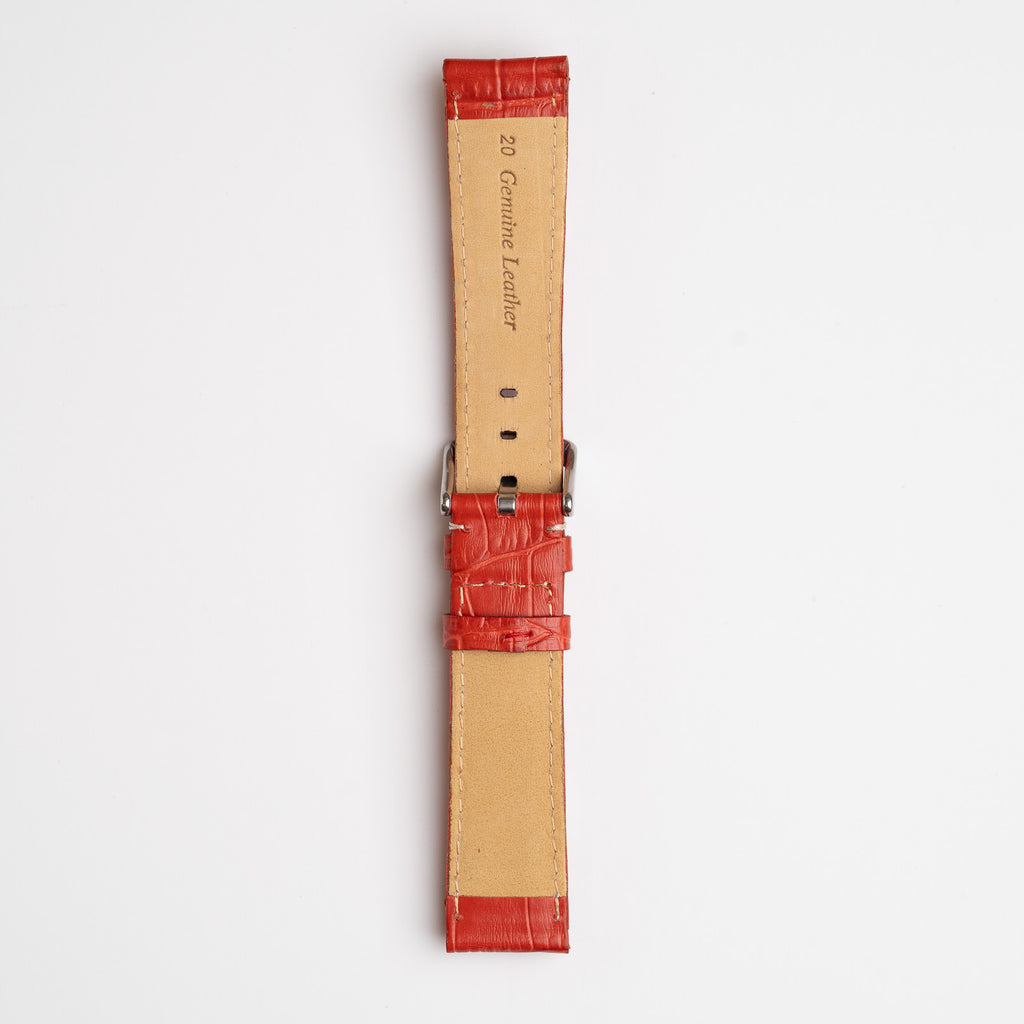 Red Mayfair Alligator watch strap, buckled, back view