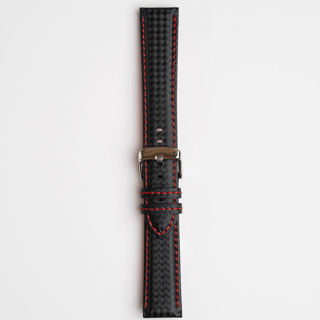 Anthracite Carbon Red Watch Strap, buckled up, front view