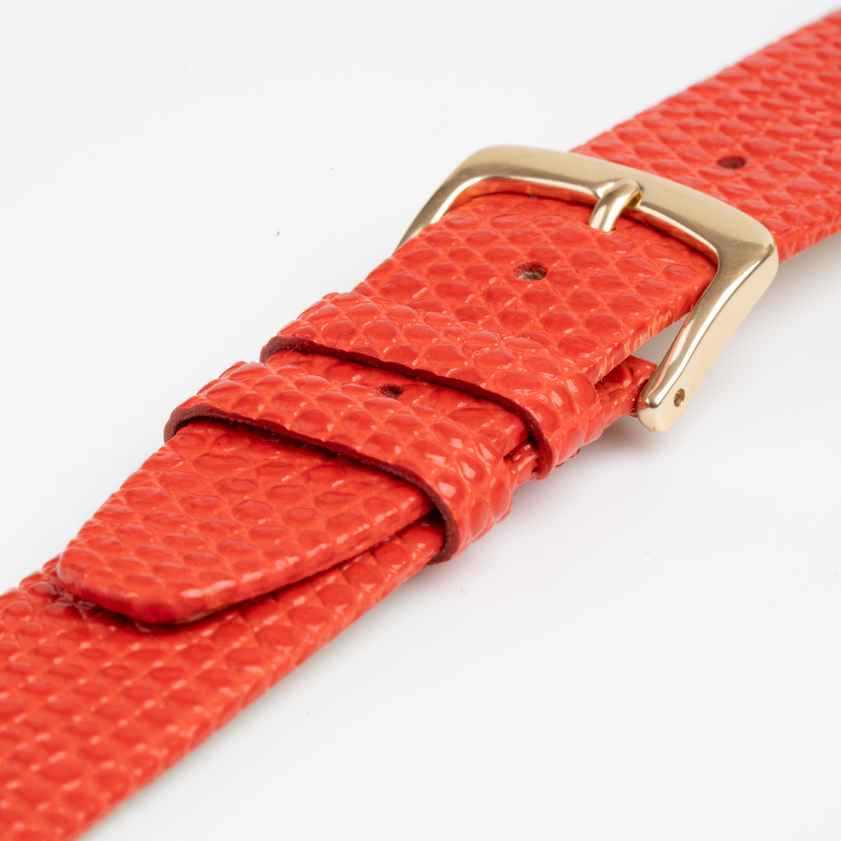 Red Mayfair Lizard watch strap, close-up of the buckle and keepers