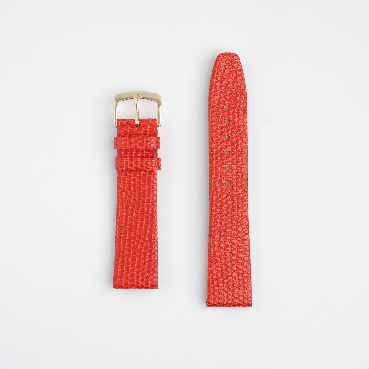 Red Mayfair Lizard watch strap, laid flat with its buckle