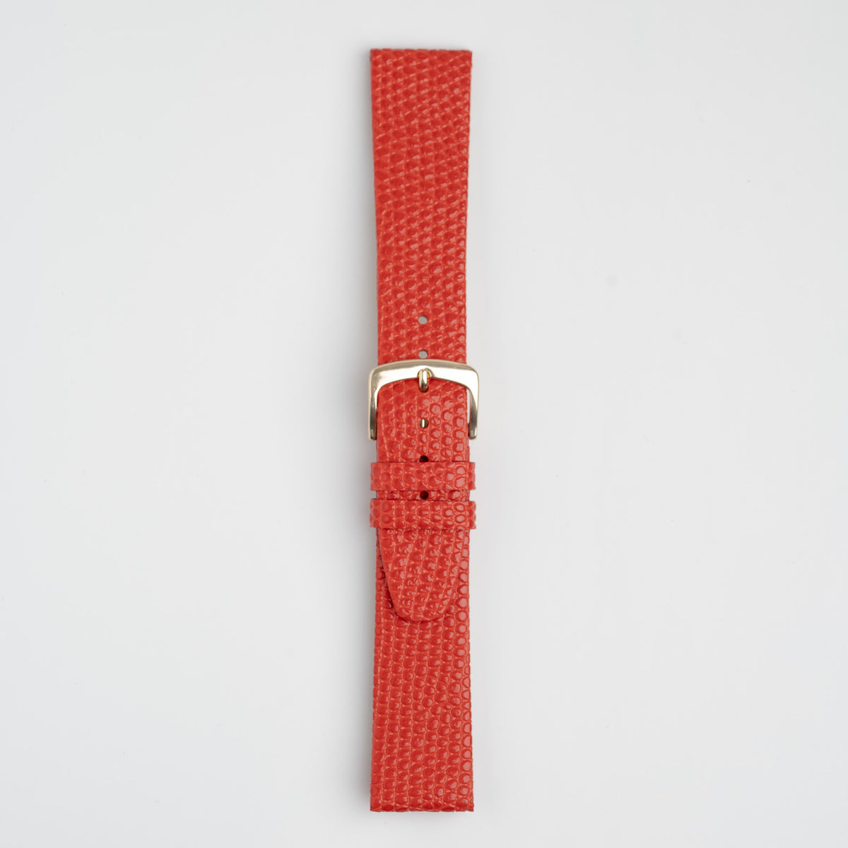 Red Mayfair Lizard watch strap, buckled, front view