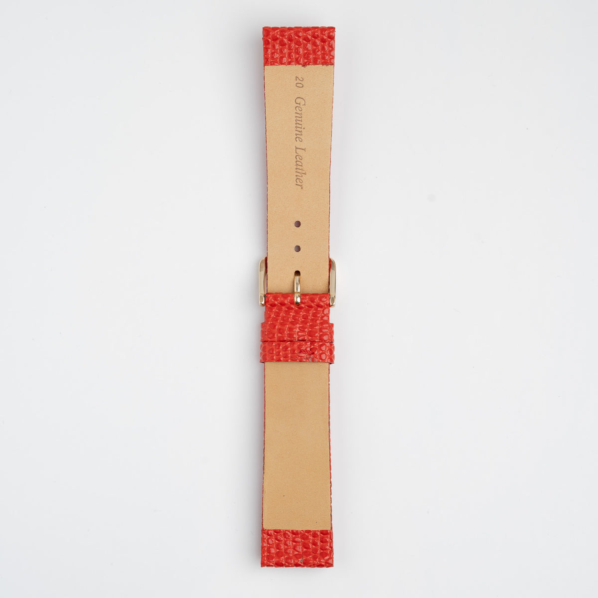 Red Mayfair Lizard watch strap, buckled, back view