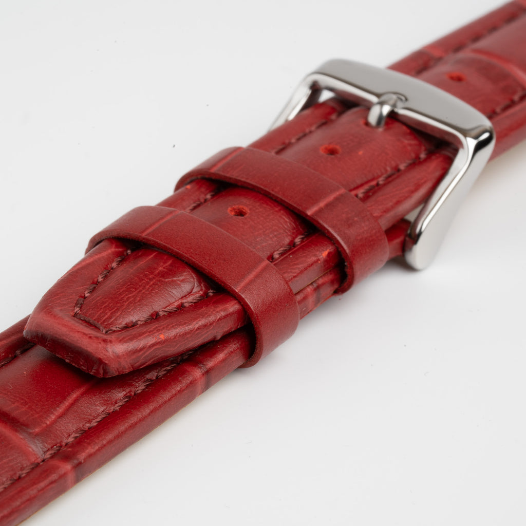 Red Mayfair Contour watch strap, close-up of the buckle and keepers