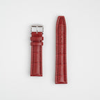 Red Mayfair Contour watch strap, laid flat with its buckle