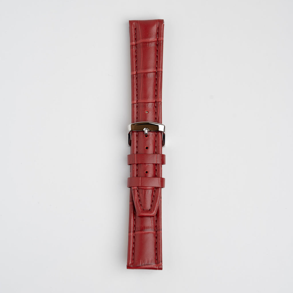 Red Mayfair Contour watch strap, buckled, front view