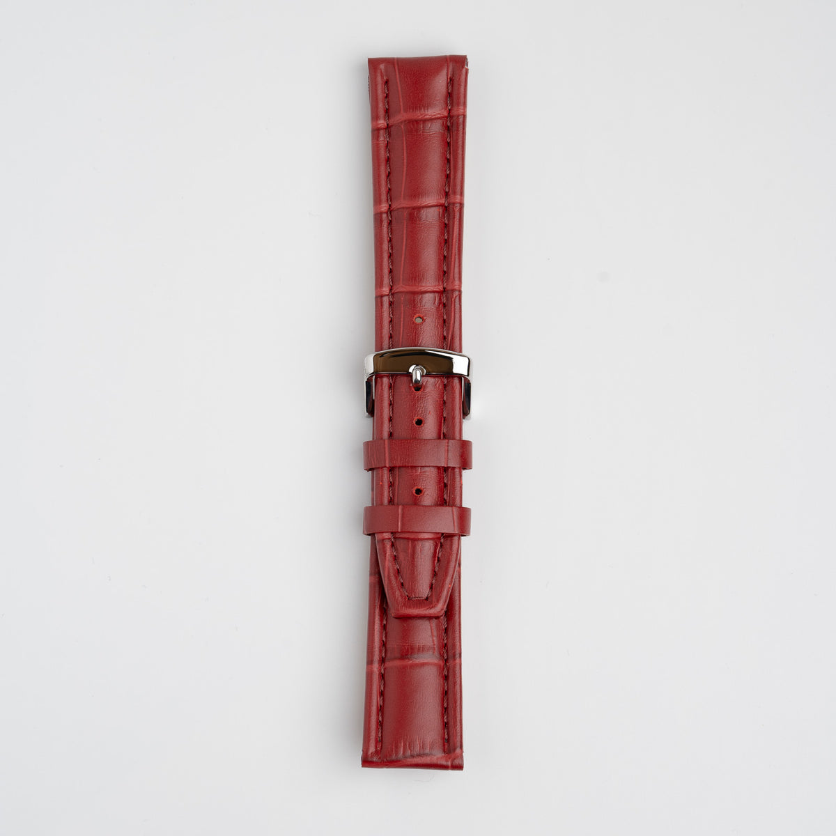 Red Mayfair Contour watch strap, buckled, front view