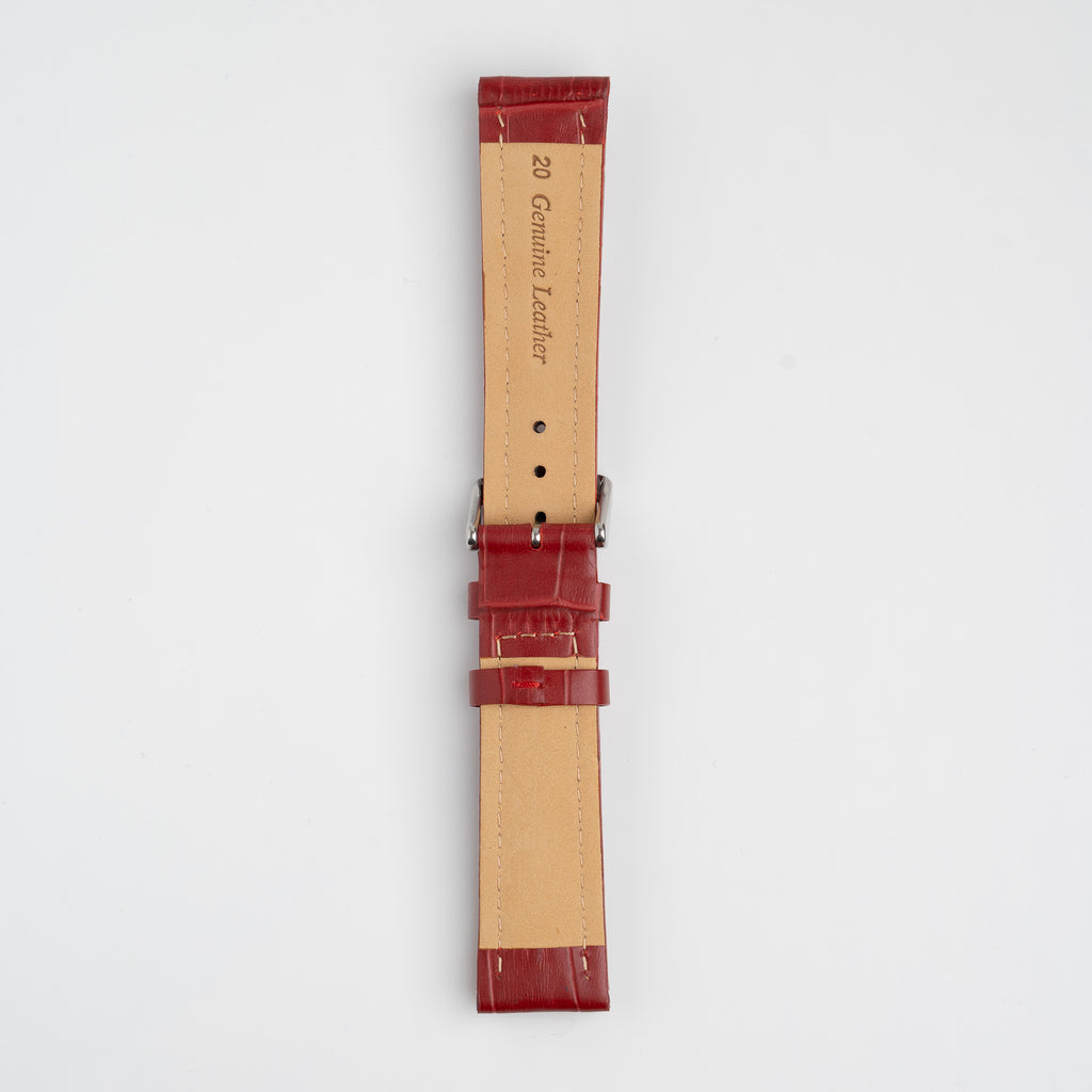 Red Mayfair Contour watch strap, buckled, back view