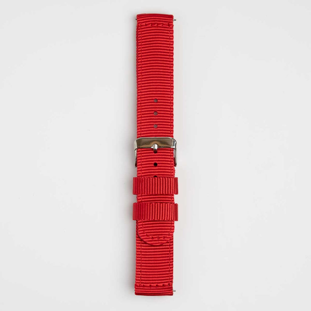 Nylon Quick Release Red Watch Strap, buckled up, front view