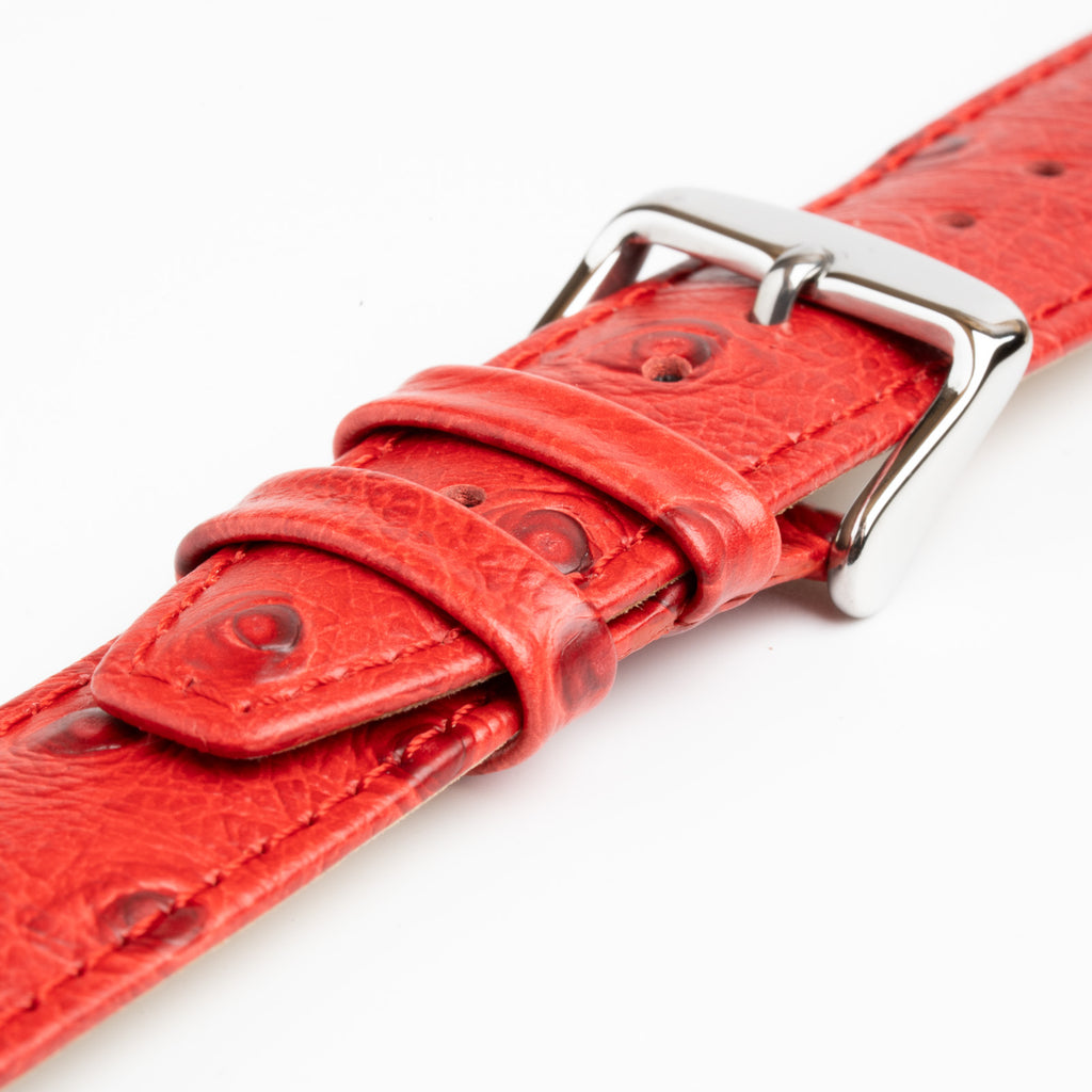Sandbanks Ostrich Red Watch Strap, close-up of the buckle and keepers