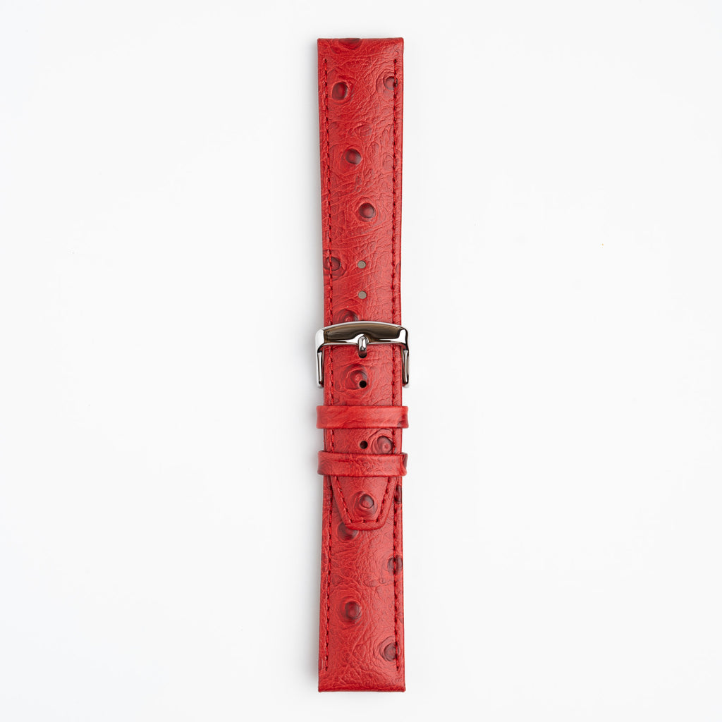 Sandbanks Ostrich Red Watch Strap, buckled up, front view