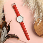 Sandbanks Ostrich Red Watch Strap, shown on a watch