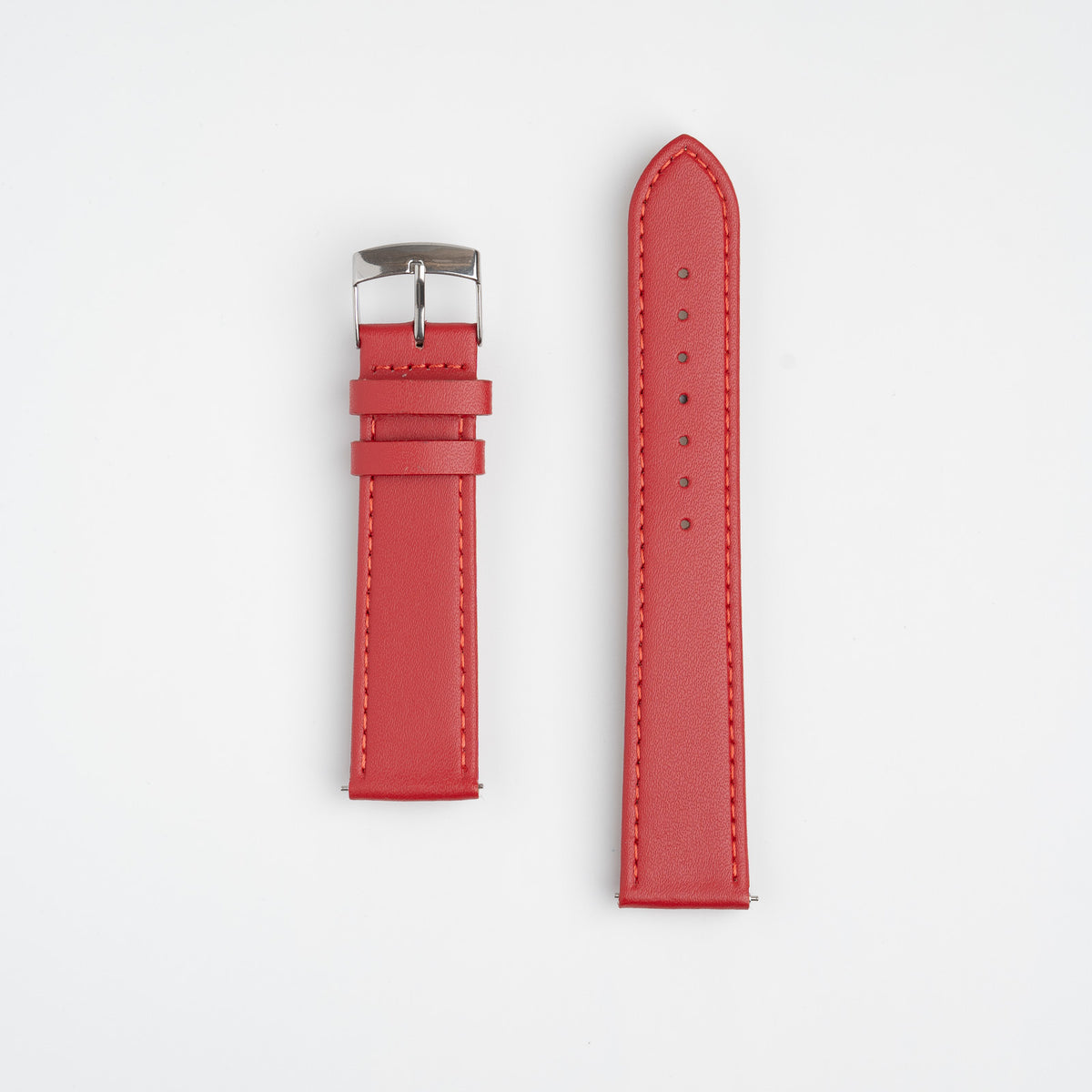 Red Mayfair Subtle Quick Release watch strap, laid flat with its buckle