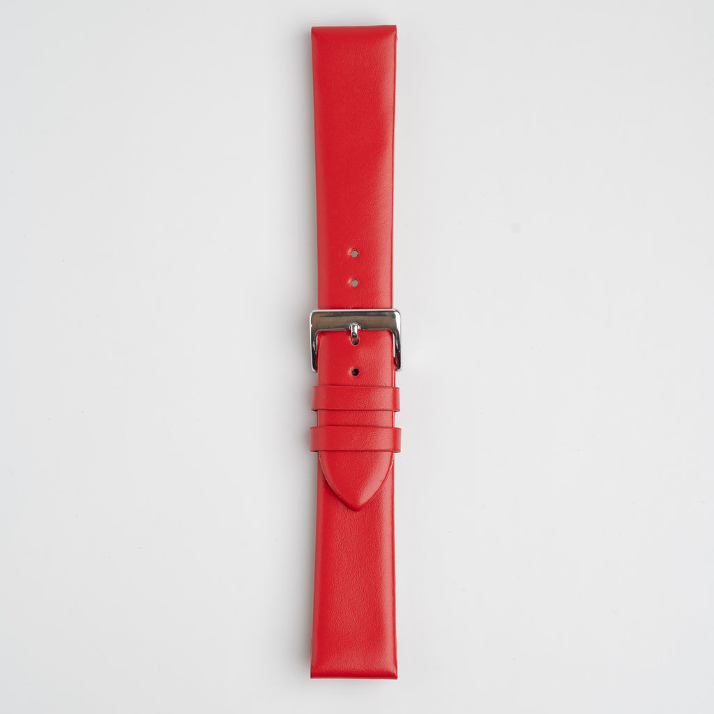 Windsor Smooth Red Watch Strap, buckled up, front view