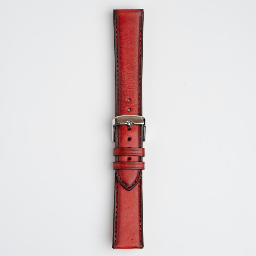 Vintage Smooth Red Watch Strap, buckled up, front view