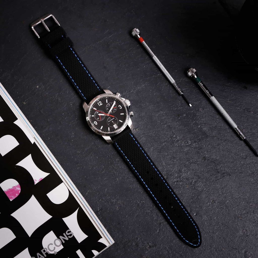 Anthracite Dash Quick Release Black Watch Strap, Blue Stitch