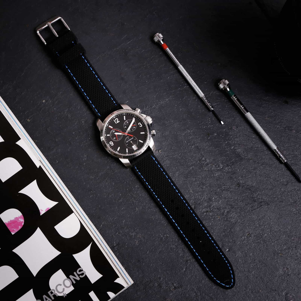 Anthracite Dash Quick Release Black Watch Strap, Blue Stitch