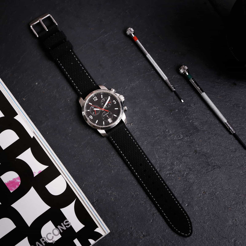 Anthracite Dash Quick Release Black Watch Strap, Grey Stitch