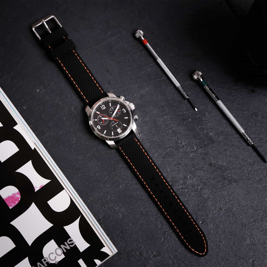 Anthracite Dash Quick Release Black Watch Strap, Orange Stitch