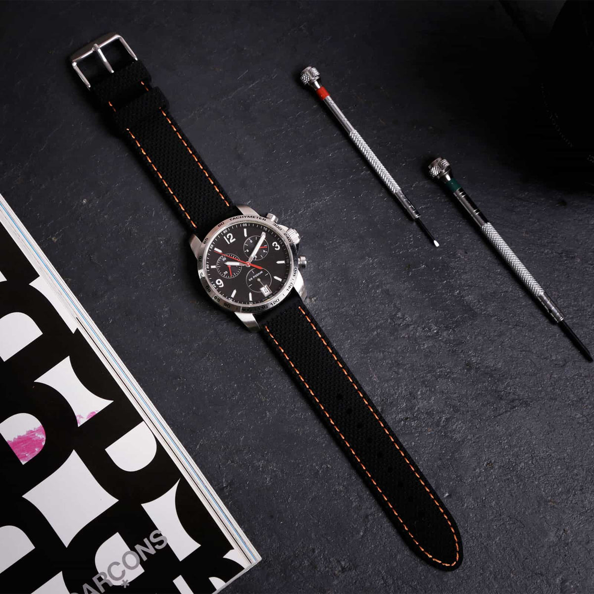 Anthracite Dash Quick Release Black Watch Strap, Orange Stitch
