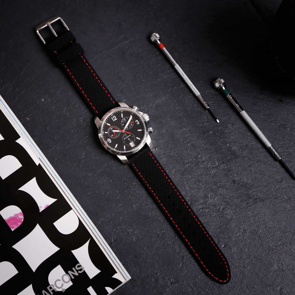 Anthracite Dash Quick Release Black Watch Strap, Red Stitch