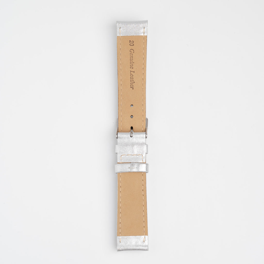 Metallic Silver Watch Strap, underside showing the lining