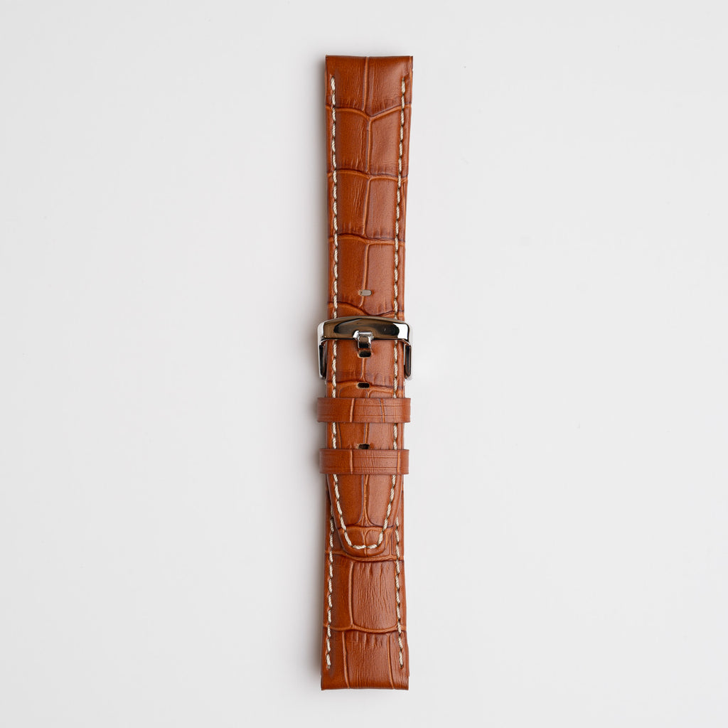 Tan Mayfair Alligator watch strap, buckled, front view