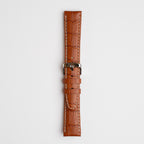 Tan Mayfair Alligator watch strap, buckled, front view
