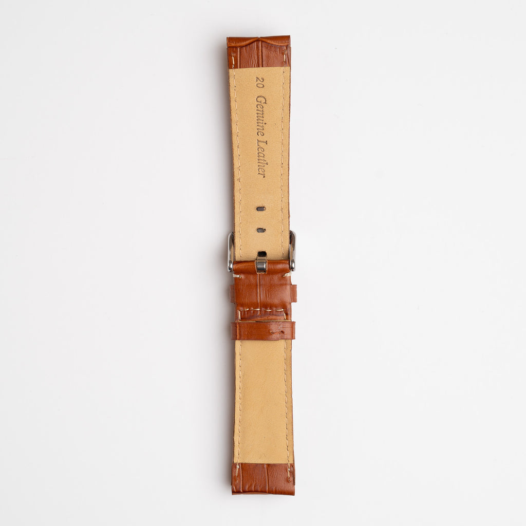 Tan Mayfair Alligator watch strap, buckled, back view