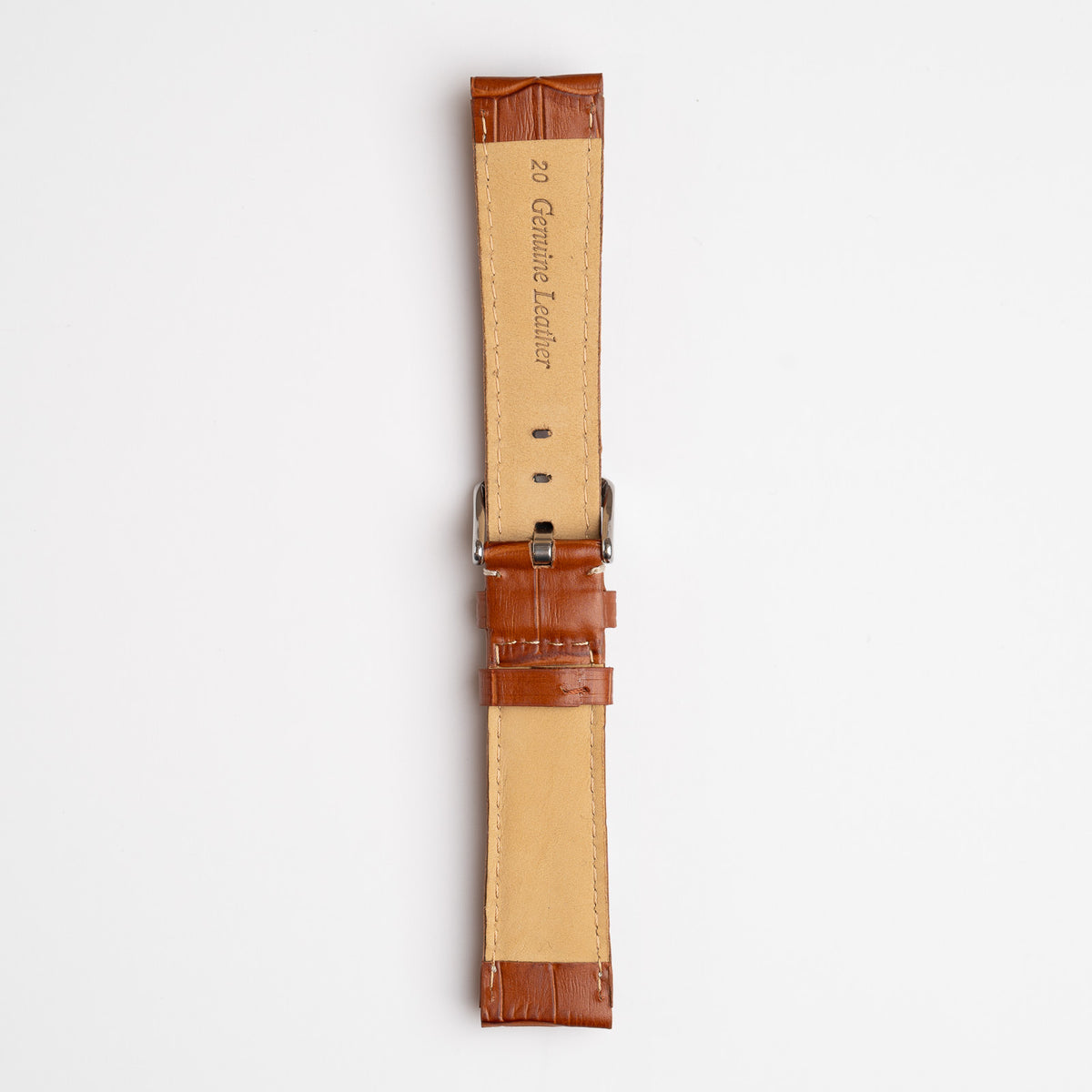 Tan Mayfair Alligator watch strap, buckled, back view