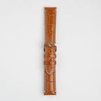 Tan Mayfair Classic watch strap, buckled, front view