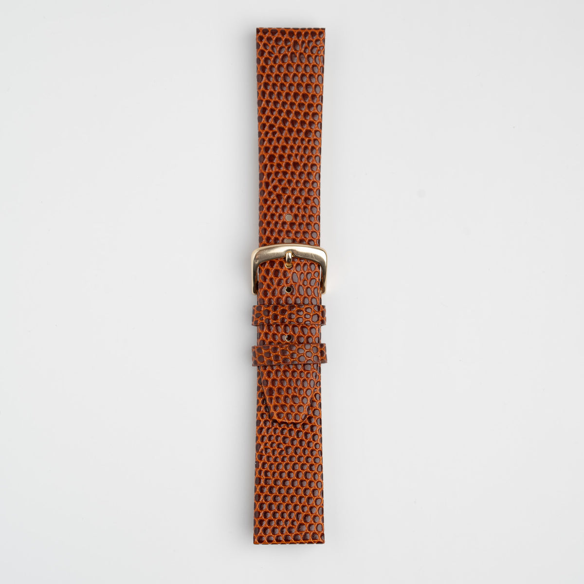 Tan Mayfair Lizard watch strap, buckled, front view