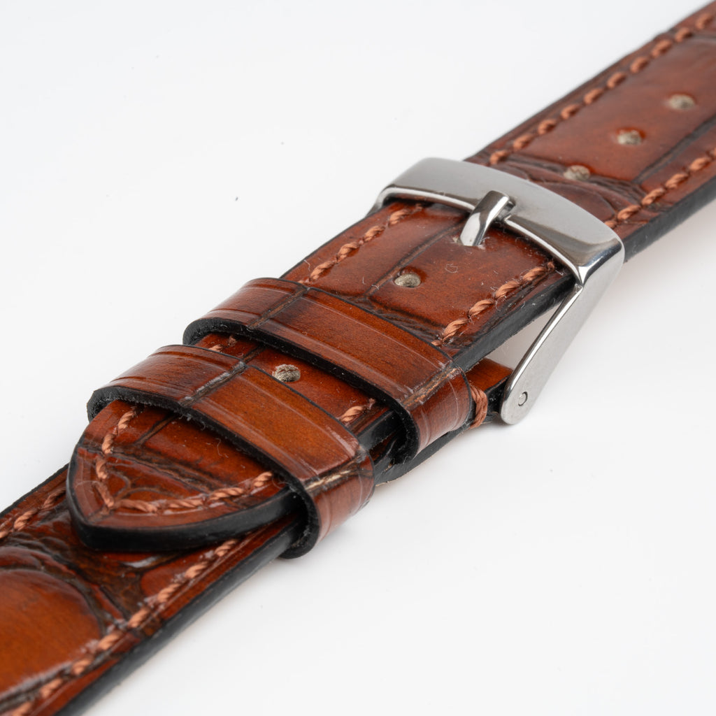Handmade Alligator Grain Tan Watch Strap, close-up of the buckle and keepers