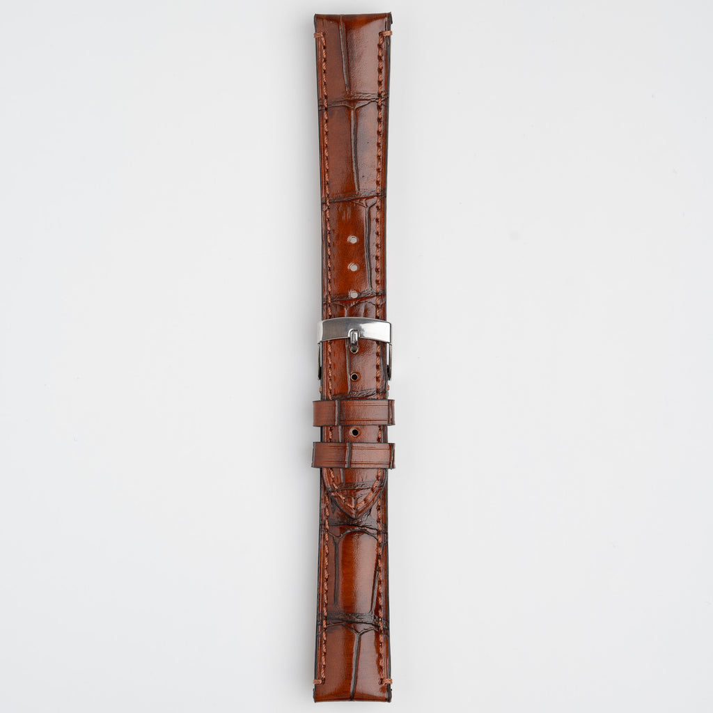Handmade Alligator Grain Tan Watch Strap, buckled up, front view