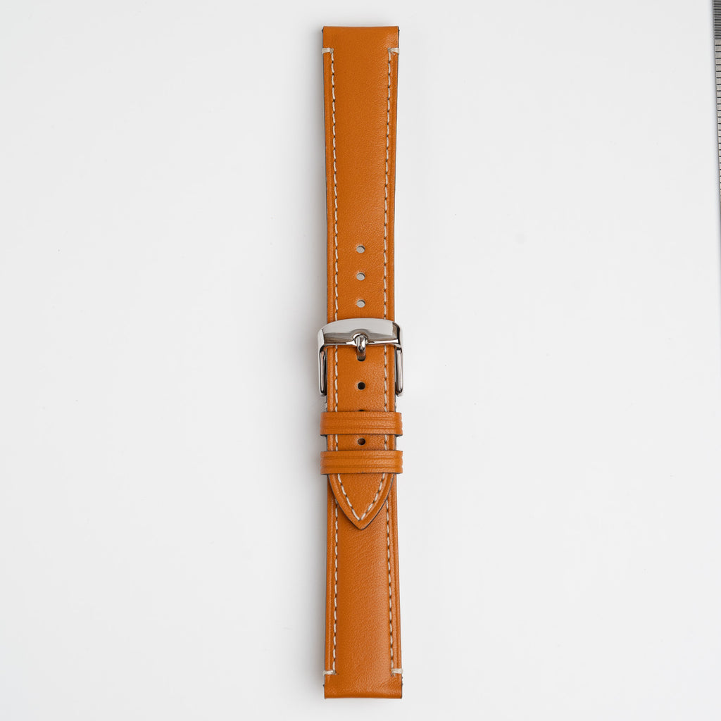 Handmade Contrast Tan Watch Strap, buckled up, front view