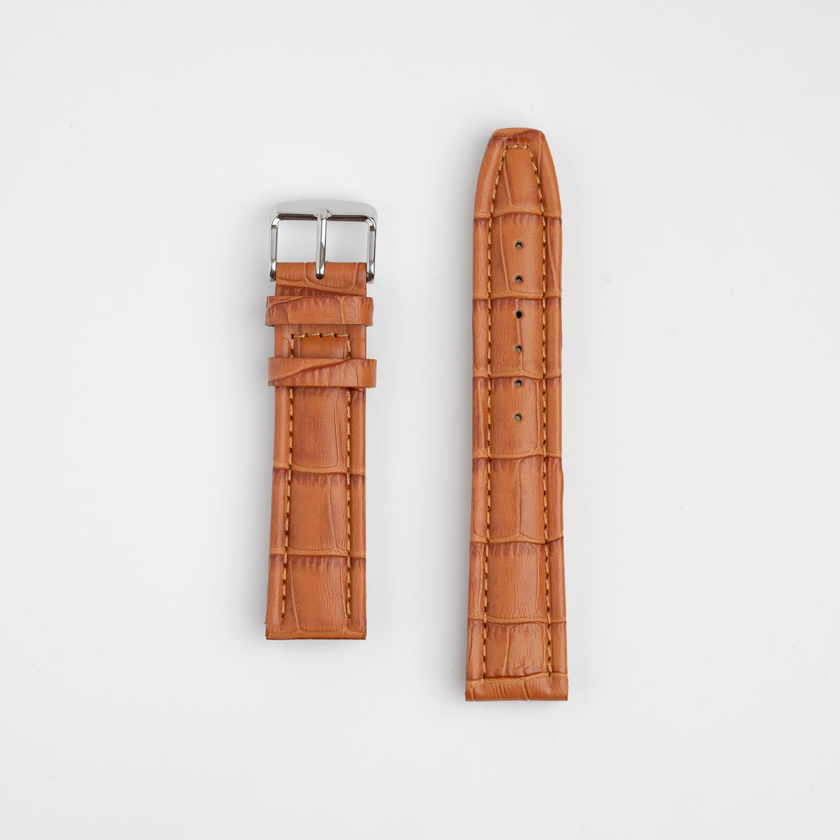 Tan Mayfair Contour watch strap, laid flat with its buckle