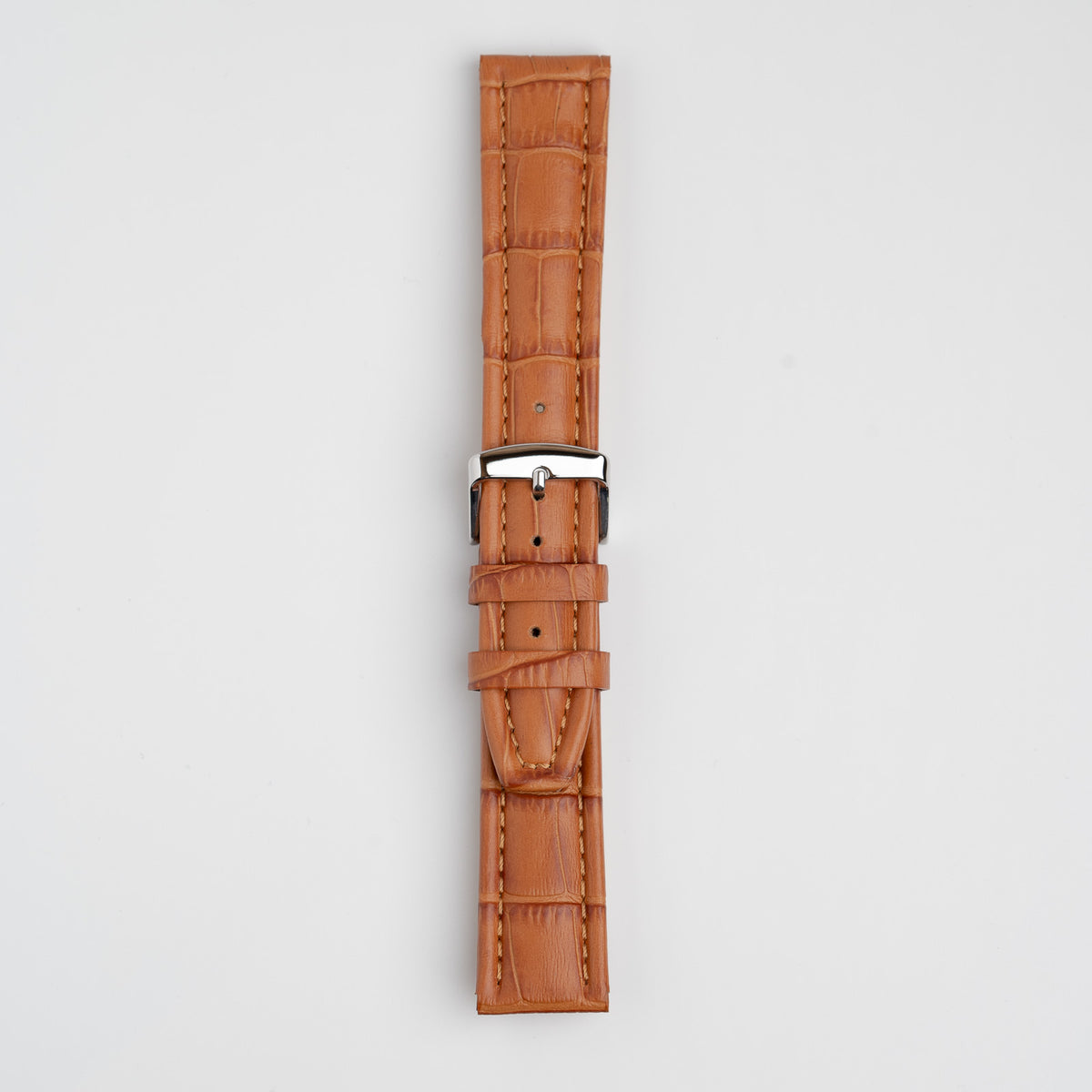 Tan Mayfair Contour watch strap, buckled, front view