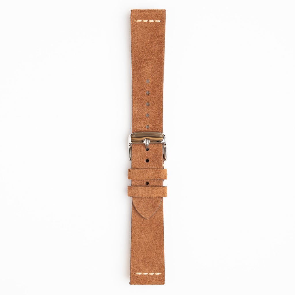 Kensington Napped Suede Tan Watch Strap, buckled up, front view