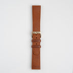 Tan Mayfair Subtle watch strap, buckled, front view
