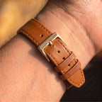 Tan Mayfair Subtle watch strap, shown on a watch